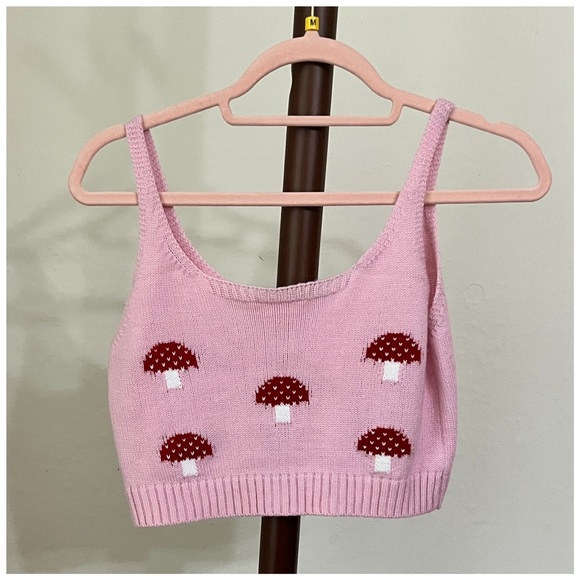 Sugar Thrillz pink mushroom cropped sweater tank top size medium (runs small) - Picture 2 of 4